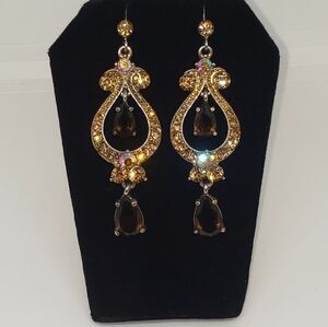 Vintage, 1970's, Gold Tone, Smoky Quartz & Rhinestone Drop Earrings
